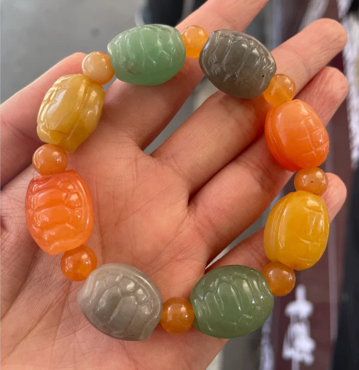 Natural Silk Jade Turtle Shell Bracelet Beads Elastic Bracelet