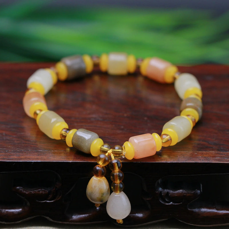 Colorful Jade Beads Bracelet Hand-Carved Charm Jewelry