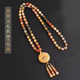 Natural Golden Silk Jade Bead Sweater Chain Charm Necklace
