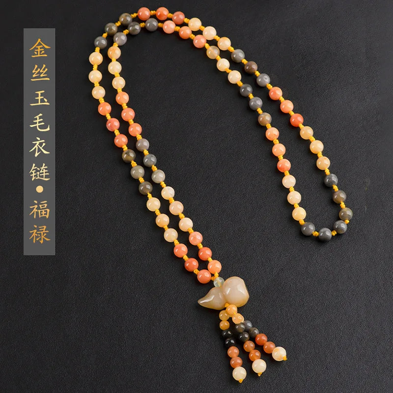 Golden Silk Jade Charm Necklace Hand-Carved Luck Amulet Gift