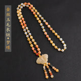Golden Silk Jade Charm Necklace Hand-Carved Luck Amulet Gift