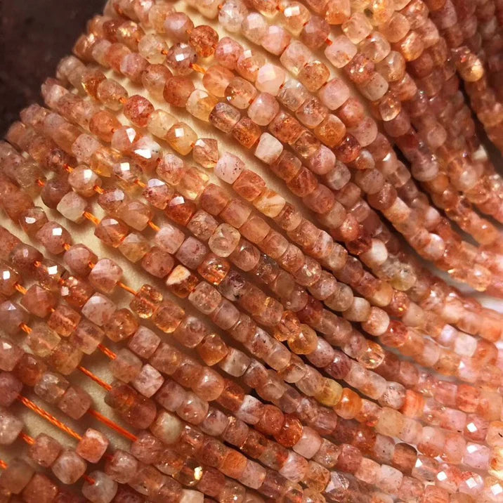 Faceted Cube Golden Strawberry Quartz Sunstone Beads