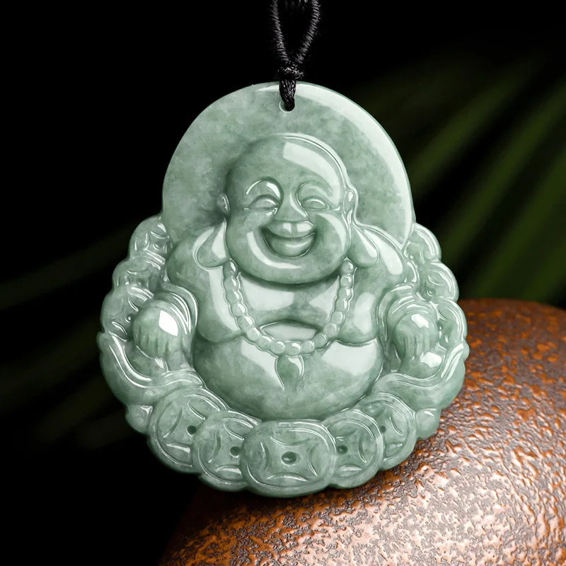 Natural A Jade Green Jadeite Coin Buddha Pendant Lucky Gift