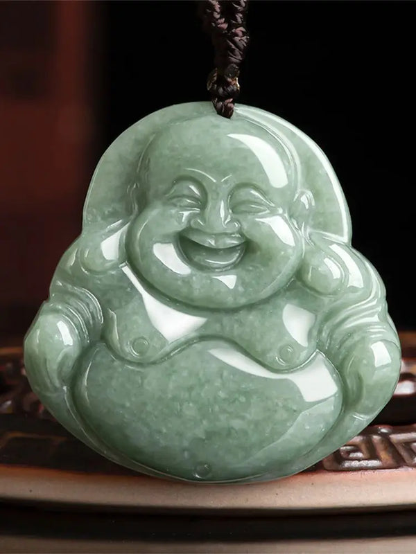 A Jadeite Carved Chinese Laughing Buddha Lucky Pendant Necklace
