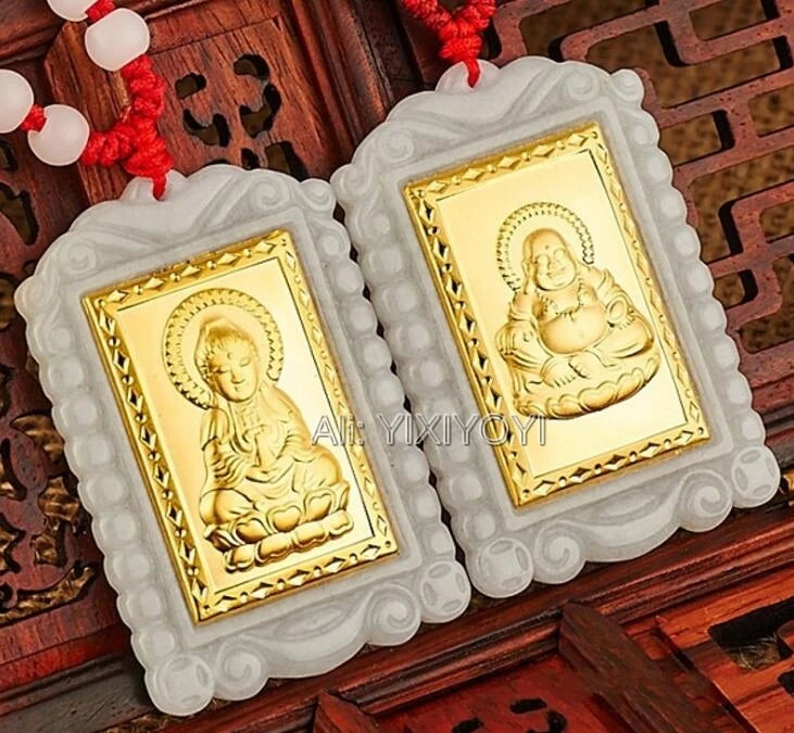Natural A Jadeite Jade 18K Chinese Blessing Buddha Amulet Pendant Necklace