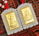 Natural A Jadeite Jade 18K Chinese Blessing Buddha Amulet Pendant Necklace