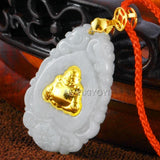 Natural A Jadeite + Chinese GuanYin Buddha Pairs Amulet Lucky Pendant Necklace