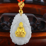 Natural A Jadeite + Chinese GuanYin Buddha Pairs Amulet Lucky Pendant Necklace