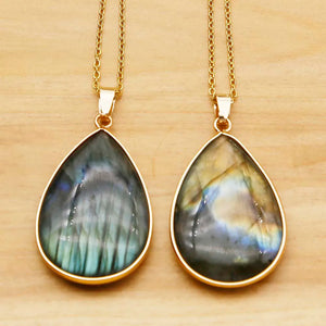 Gray Flash Stone Water Drop Pendant Necklace