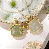 Gray Jade Ox Pendant Chinese Zodiac Cow Year Necklace