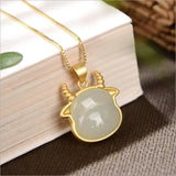 Gray Jade Ox Pendant Chinese Zodiac Cow Year Necklace