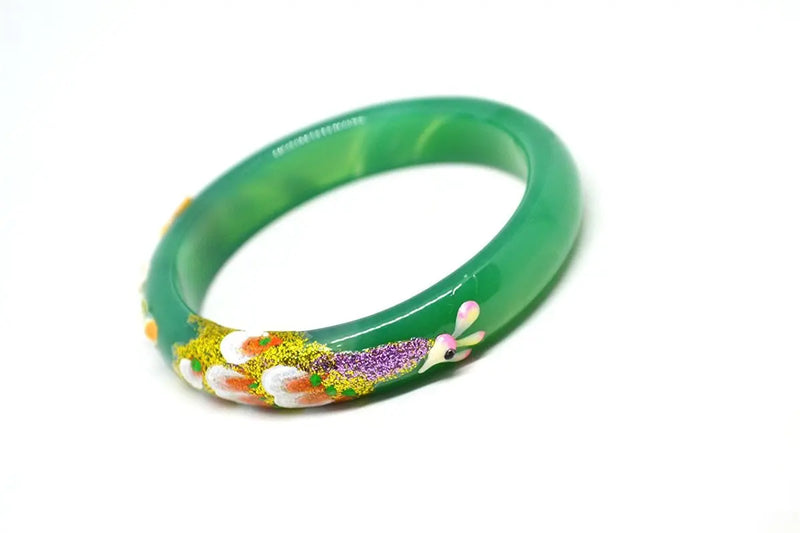 Green Agate Painted Peacock Peony Flower Bracelet