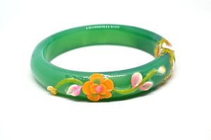 Green Agate Painted Peacock Peony Flower Bracelet