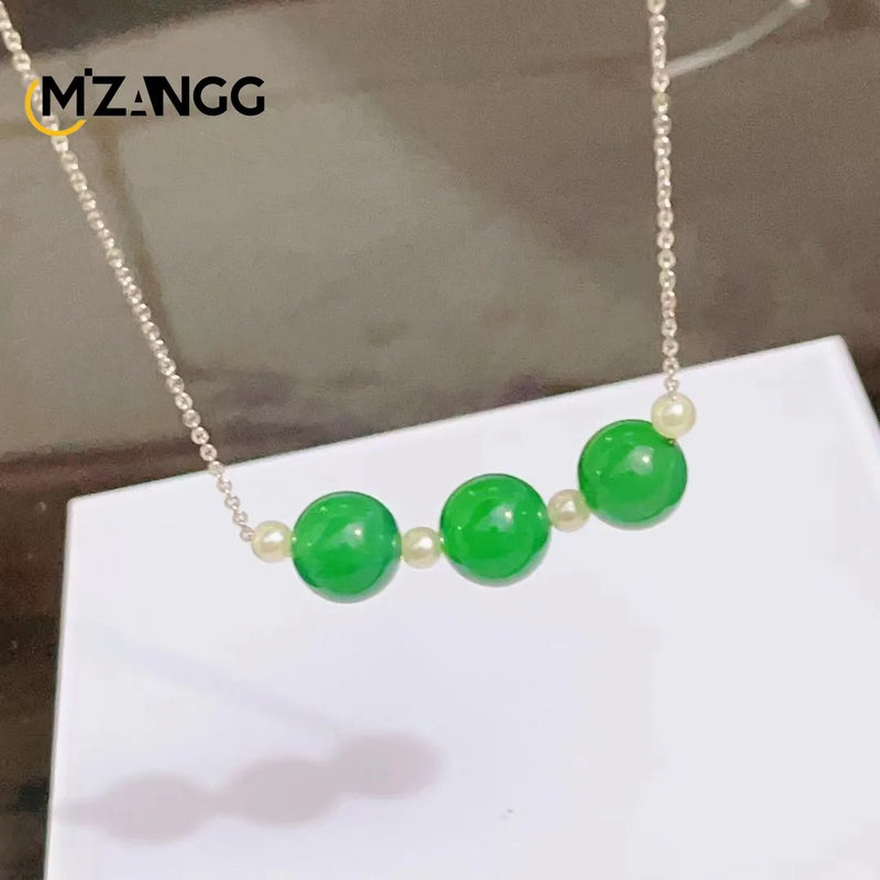 Green Agate Round Beads Pendant Chalcedony Pearl Necklace