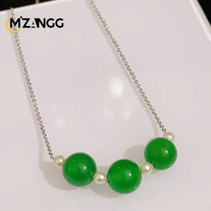 Green Agate Round Beads Pendant Chalcedony Pearl Necklace