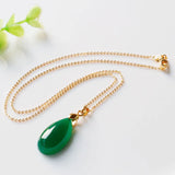 Green Agate Water Drop Pendant Necklace Lucky Amulet Sweater Chain