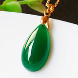 Green Agate Water Drop Pendant Necklace Lucky Amulet Sweater Chain