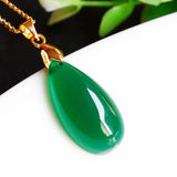 Green Agate Water Drop Pendant Necklace Lucky Amulet Sweater Chain