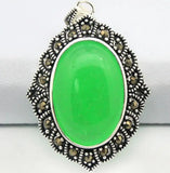 Natural Green Bead 925 Sterling Silver Marcasite Necklace Pendant