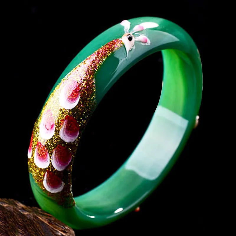 Green Peacock & Flower Bracelet Bangle Gift Women Jades Jewelry