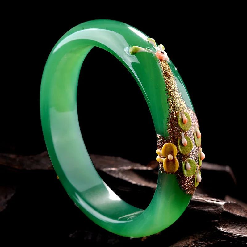 Green Peacock & Flower Bracelet Bangle Gift Women Jades Jewelry