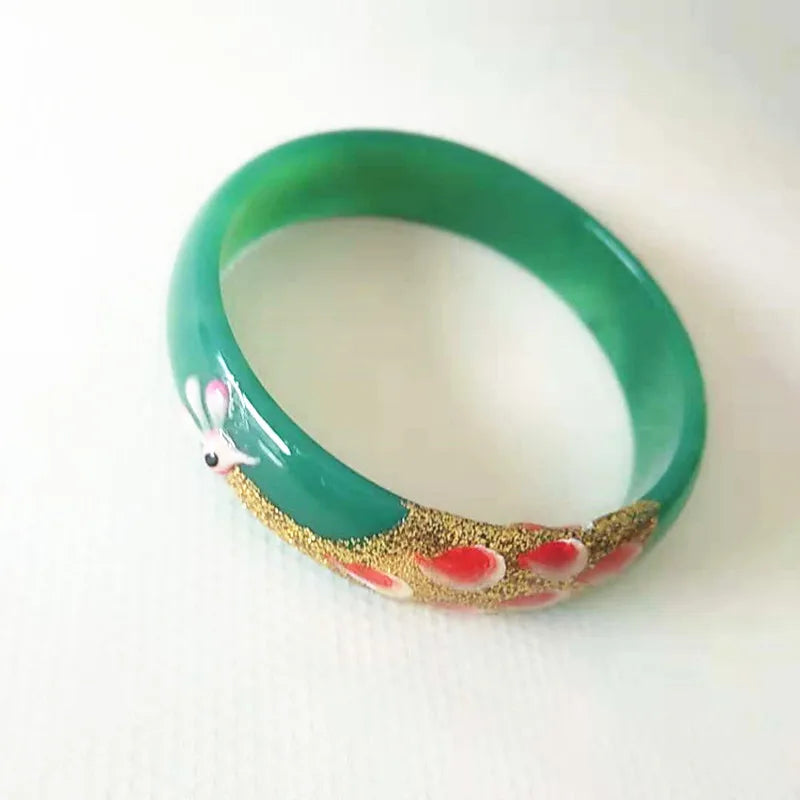 Green Peacock & Flower Bracelet Bangle Gift Women Jades Jewelry