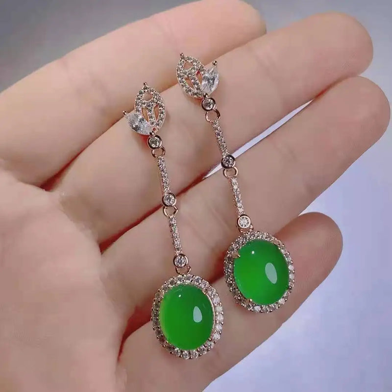 Green Chalcedony 925 Silver Earrings Women Hand-Carve Jewelry