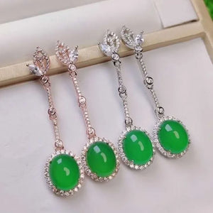 Green Chalcedony 925 Silver Earrings Women Hand-Carve Jewelry