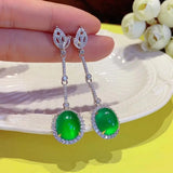 Green Chalcedony 925 Silver Earrings Women Hand-Carve Jewelry