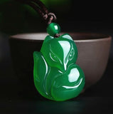 Green Chalcedony Fox Jade Pendant Necklace Chinese Carved Charm Amulet