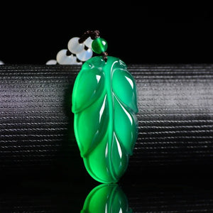 Green Chalcedony Leaf Pendant Necklace, Men Women Agate Jewelry