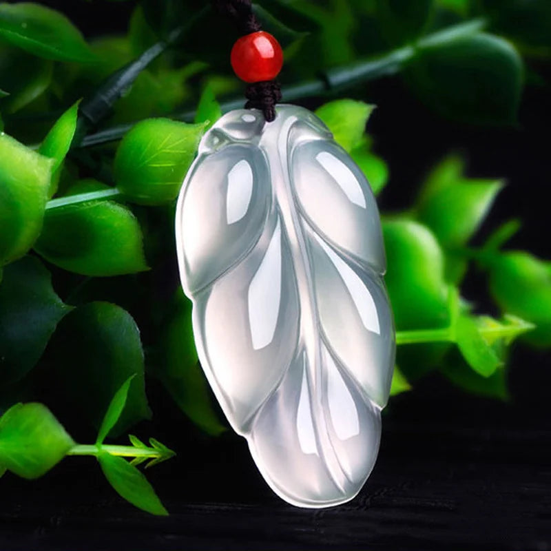 Green Chalcedony Leaf Pendant Necklace, Men Women Agate Jewelry