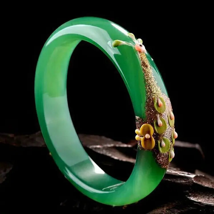 Green Chalcedony Peacock Painted Carved Bracelet Gift
