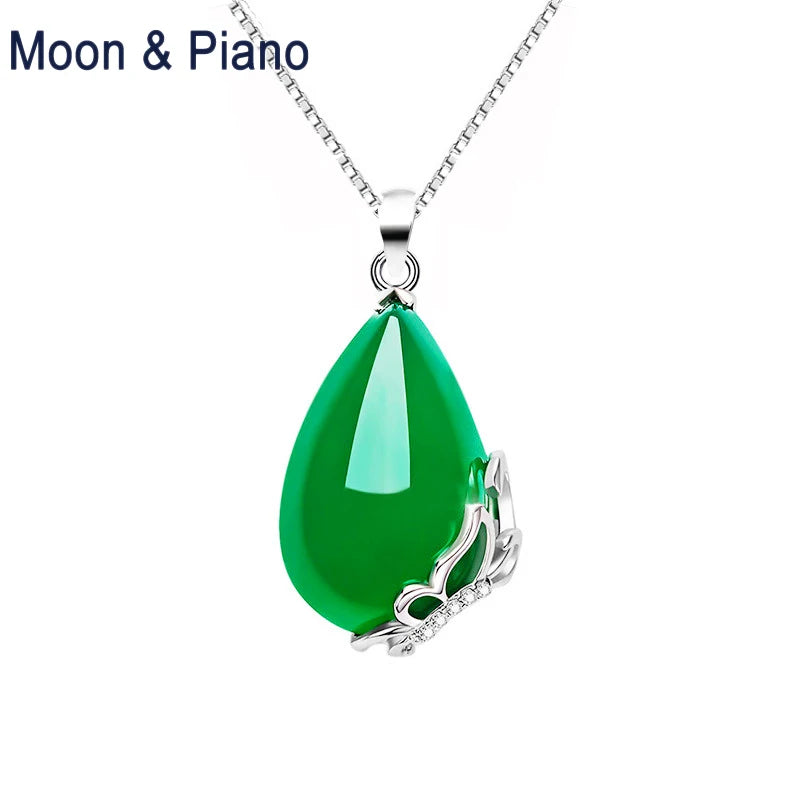 Green Chalcedony Water Drop Pendant Sterling Silver Necklace
