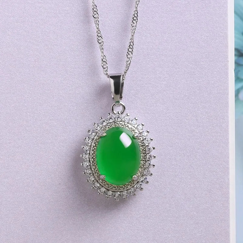 Green Chalcedony Water Drop Pendant 925 Inlaid Agate Necklace