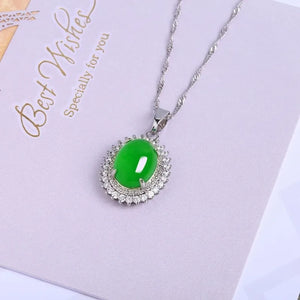 Green Chalcedony Water Drop Pendant 925 Inlaid Agate Necklace