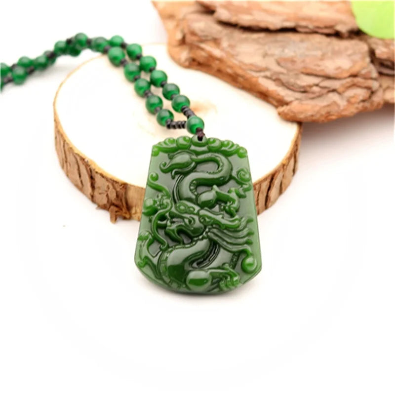Natural Green Chinese Jade Dragon Pendant Necklace for Women and Men