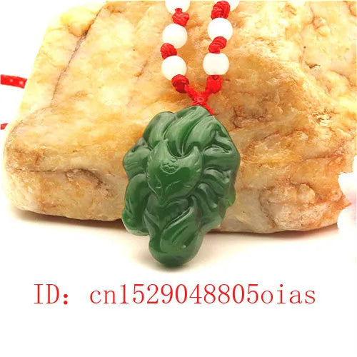 Green Jade Nine-tailed Fox Pendant Necklace Charm Jadeite Jewelry