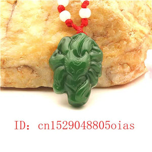 Green Jade Nine-tailed Fox Pendant Necklace Charm Jadeite Jewelry