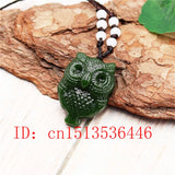 Green Jade Owl Pendant Necklace Charm Hand-Carved Luck Amulet