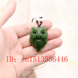 Green Jade Owl Pendant Necklace Charm Hand-Carved Luck Amulet