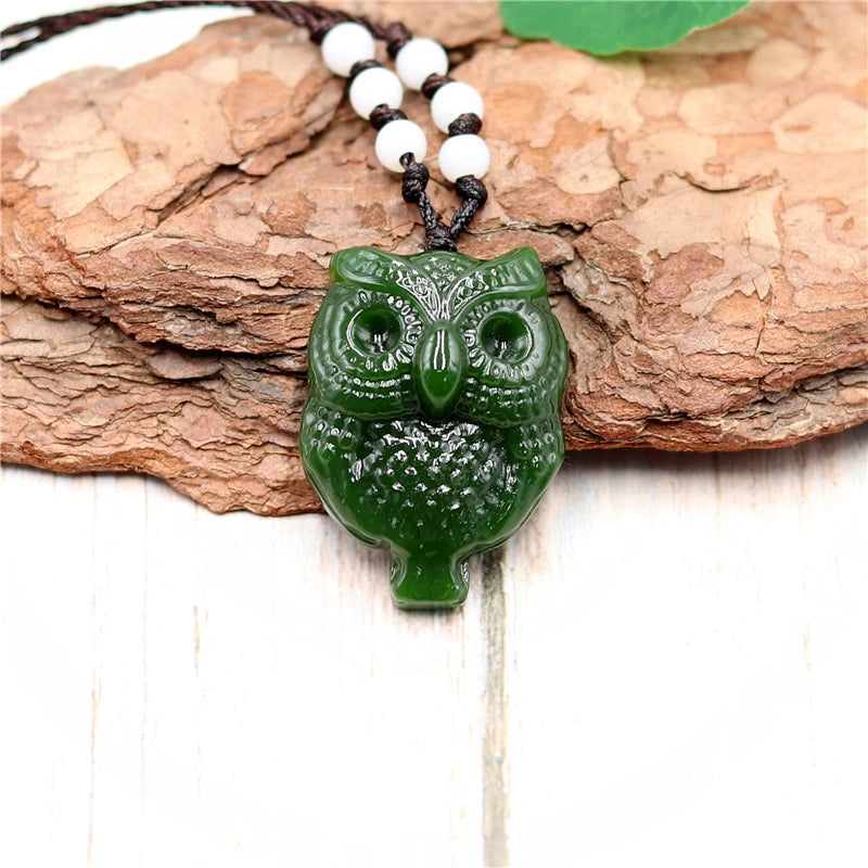 Green Jade Owl Pendant Necklace Charm Hand-Carved Luck Amulet