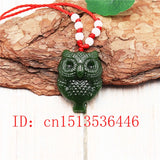 Green Jade Owl Pendant Necklace Charm Hand-Carved Luck Amulet