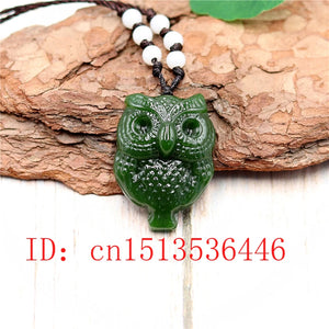 Green Jade Owl Pendant Necklace Charm Hand-Carved Luck Amulet