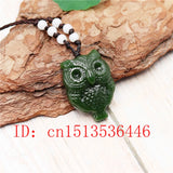 Green Jade Owl Pendant Necklace Charm Hand-Carved Luck Amulet