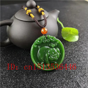 Natural Green Chinese Pig Carved Jade Pendant Necklace Charm
