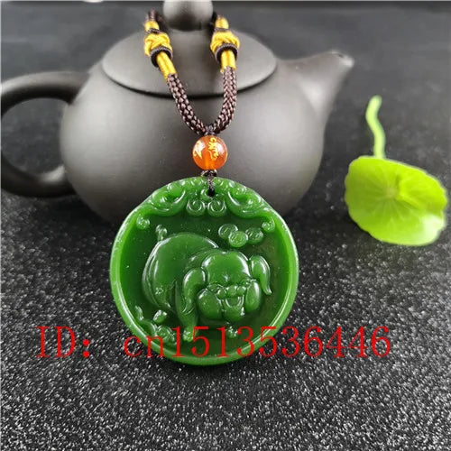 Natural Green Chinese Pig Carved Jade Pendant Necklace Charm