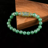 Green Dongling Three-eyed Dzi Bracelet Tibetan Agate Prayer Jewelry