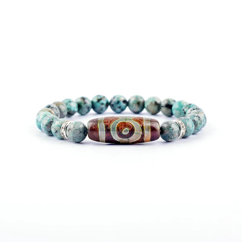 Green Dongling Three-eyed Dzi Bracelet Tibetan Agate Prayer Jewelry