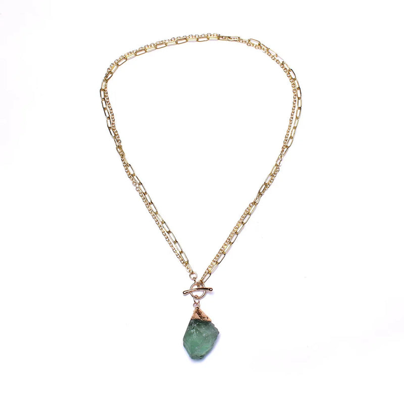 Green Fluorite Quartz Pendant Necklace with 18K Filled Chain